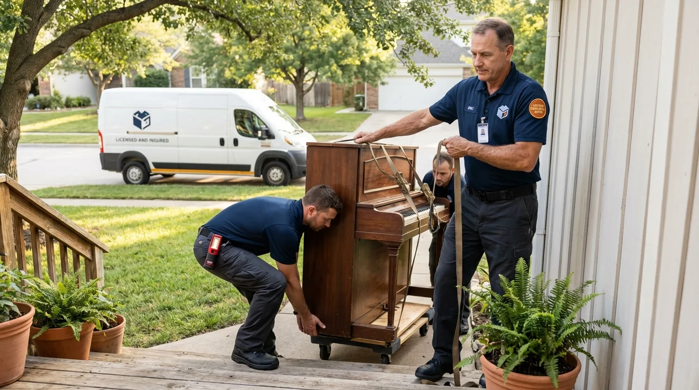 Licensed piano movers securing grand piano in Millsboro, DE