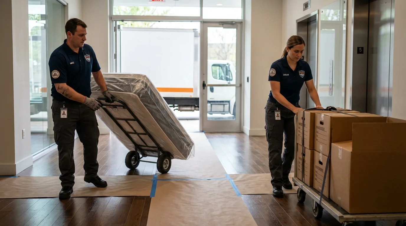 Professional apartment movers loading elevator in Millsboro, DE